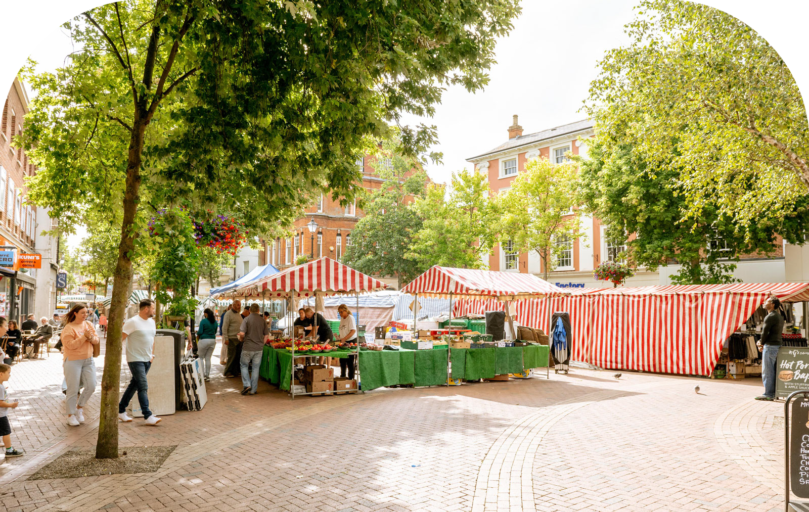Sunlit town-centre street with trees and striped market stalls