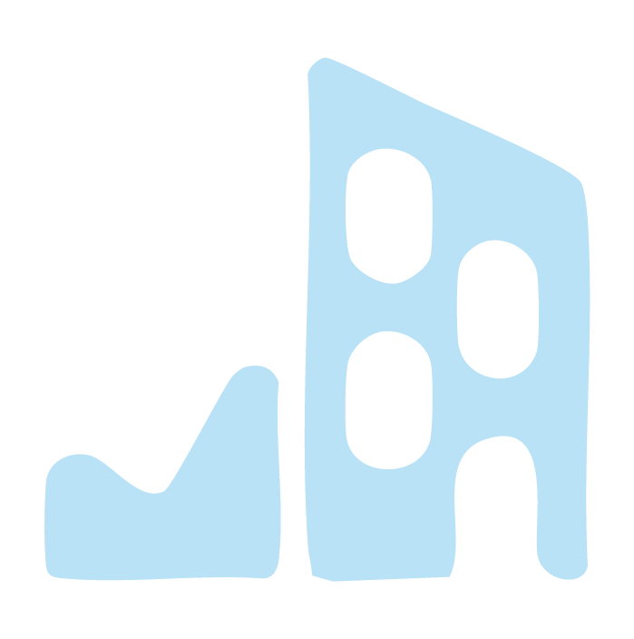 Stylised pale blue icon of a building