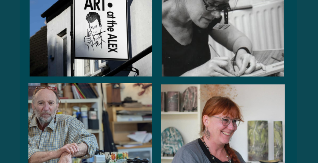 4 images of the Art at the Alex and three artists in their studios.