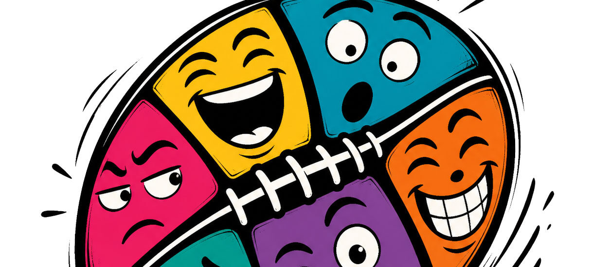 Cartoon faces inside a rugby ball.