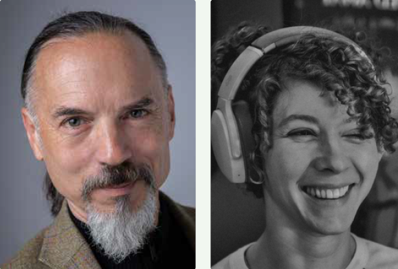 Headshot of a white man and a black and white headshot of a white woman