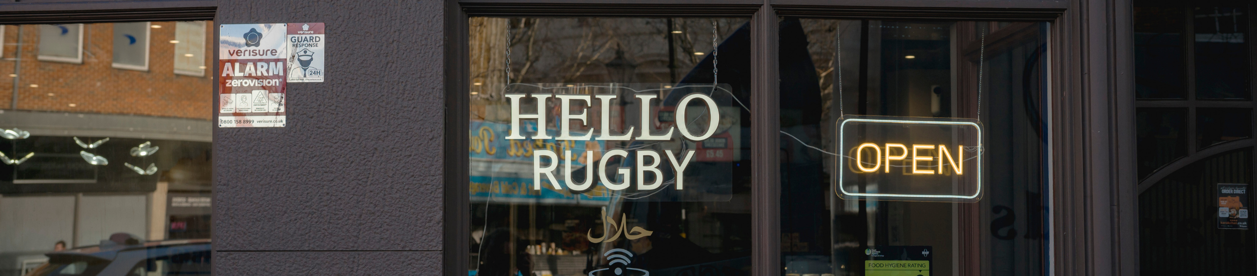 Hello Rugby light in a shop window